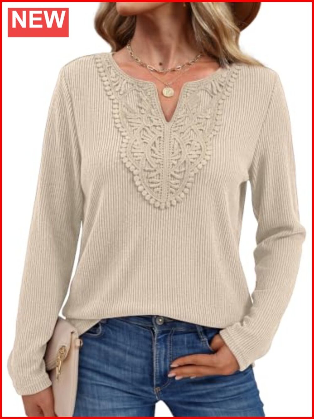 Women's Long Sleeve V-Neck Lace Top Ribbed Knit Stretch Tee, Fall Work Layering